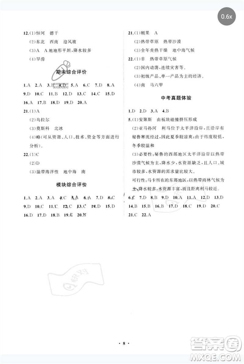 山東教育出版社2023初中同步練習冊分層卷七年級地理下冊湘教版參考答案