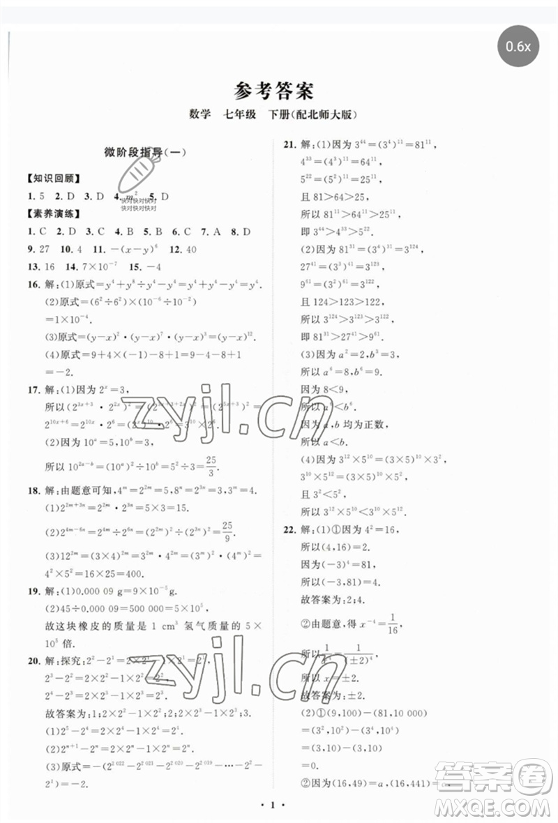 山東教育出版社2023初中同步練習(xí)冊(cè)分層卷七年級(jí)數(shù)學(xué)下冊(cè)北師大版參考答案