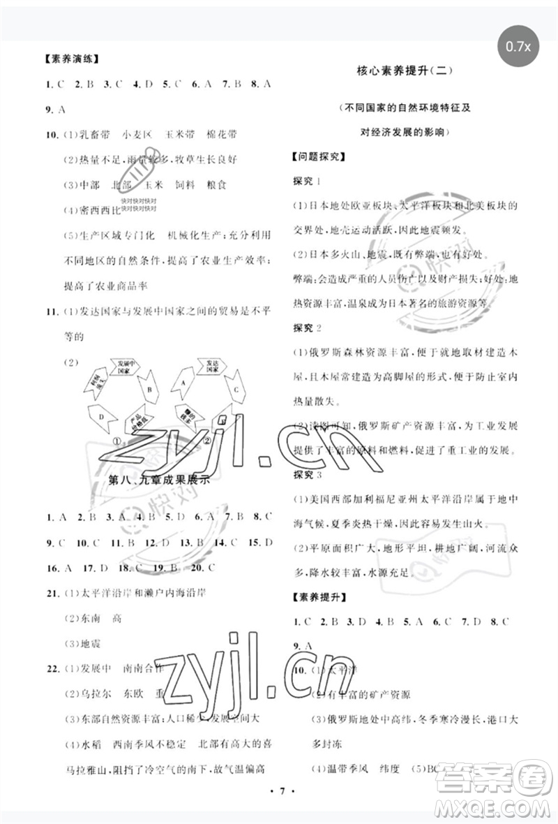 山東教育出版社2023初中同步練習冊分層卷七年級地理下冊商務星球版參考答案