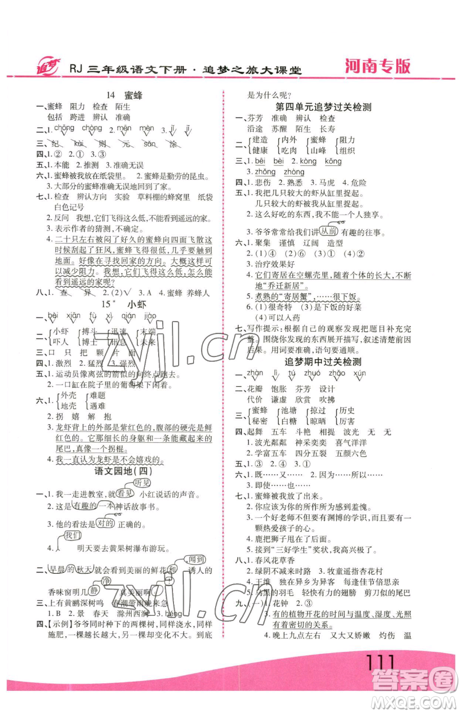 天津科學(xué)技術(shù)出版社2023追夢(mèng)之旅大課堂三年級(jí)下冊(cè)語(yǔ)文人教版河南專版參考答案