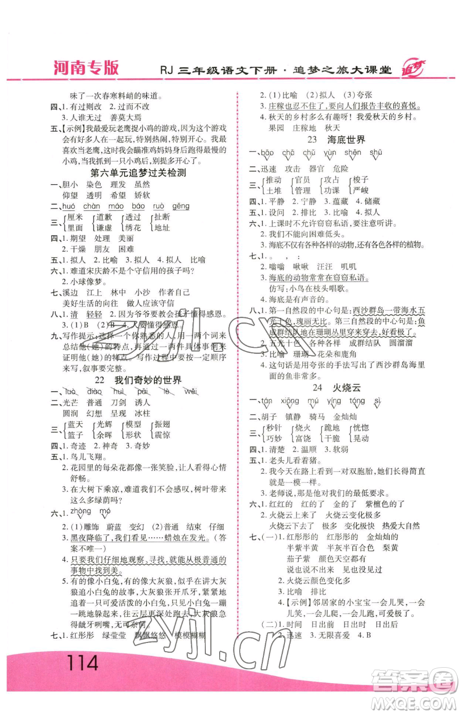 天津科學(xué)技術(shù)出版社2023追夢(mèng)之旅大課堂三年級(jí)下冊(cè)語(yǔ)文人教版河南專版參考答案