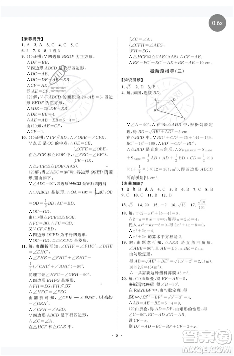 山東教育出版社2023初中同步練習(xí)冊分層卷八年級數(shù)學(xué)下冊青島版參考答案