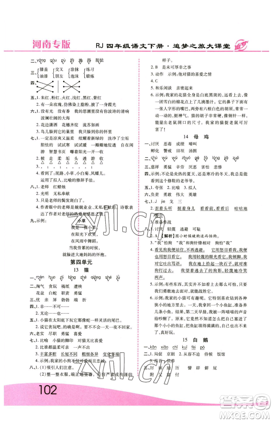 天津科學技術出版社2023追夢之旅大課堂四年級下冊語文人教版河南專版參考答案