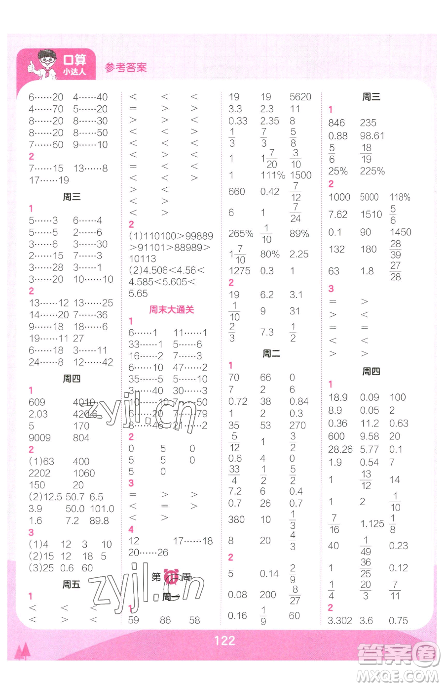 江西人民出版社2023王朝霞口算小達(dá)人六年級下冊數(shù)學(xué)人教版參考答案