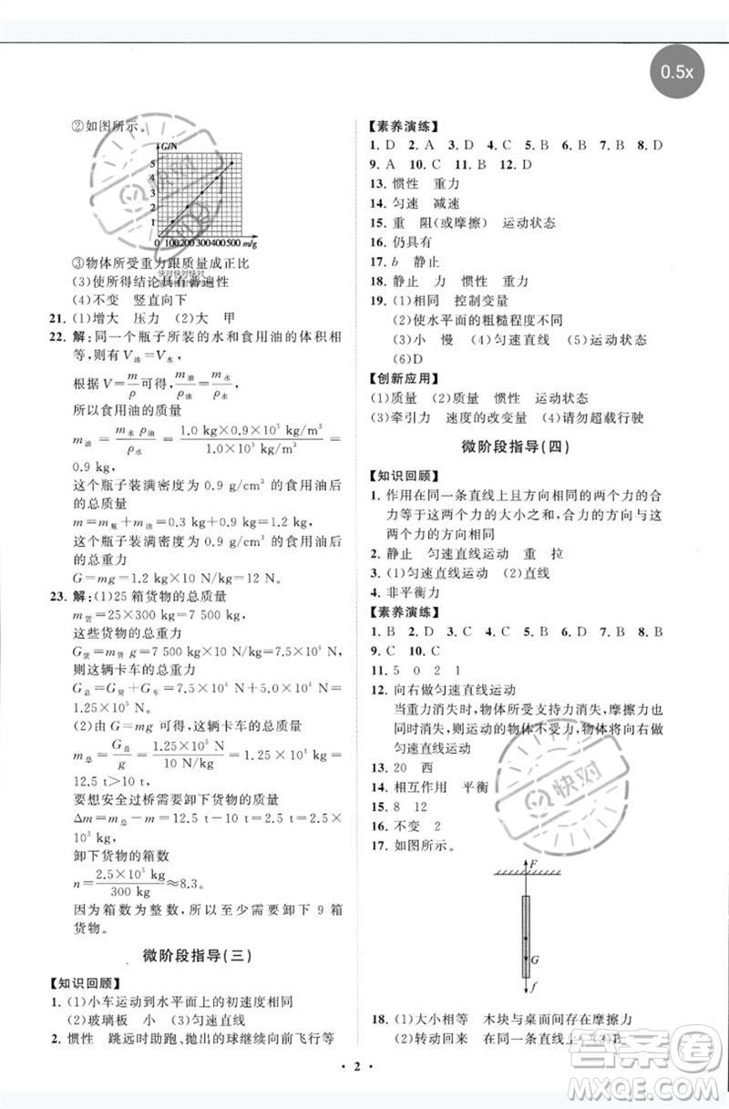 山東教育出版社2023初中同步練習(xí)冊分層卷八年級物理下冊教科版參考答案