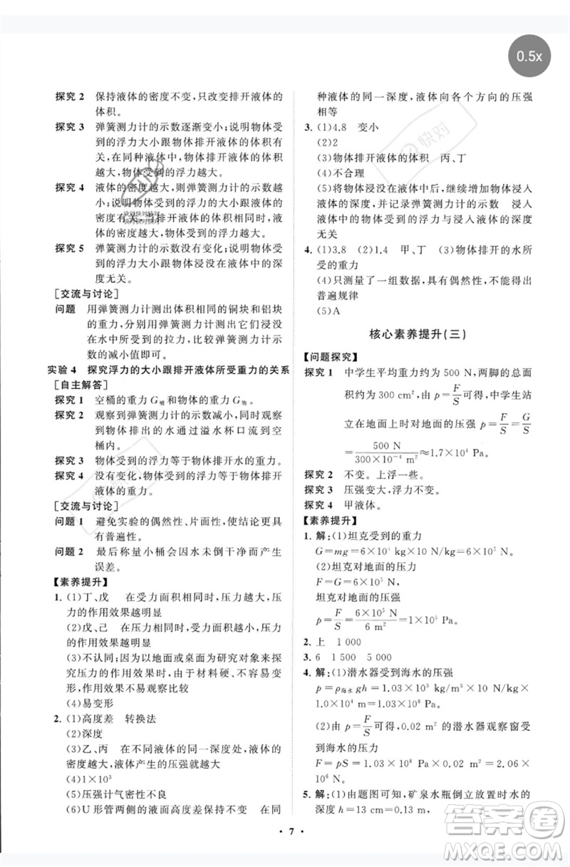 山東教育出版社2023初中同步練習(xí)冊分層卷八年級物理下冊教科版參考答案