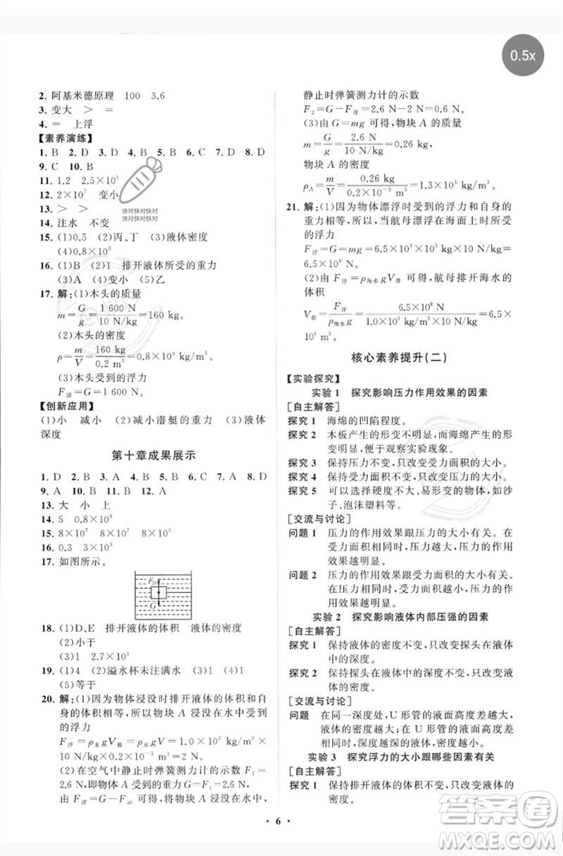 山東教育出版社2023初中同步練習(xí)冊分層卷八年級物理下冊教科版參考答案