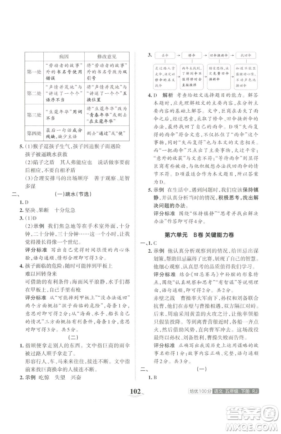 江西人民出版社2023王朝霞培優(yōu)100分五年級(jí)下冊語文人教版參考答案