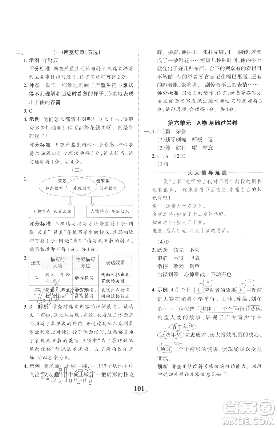 江西人民出版社2023王朝霞培優(yōu)100分五年級(jí)下冊語文人教版參考答案