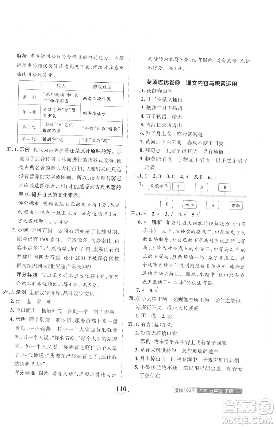江西人民出版社2023王朝霞培優(yōu)100分五年級(jí)下冊語文人教版參考答案