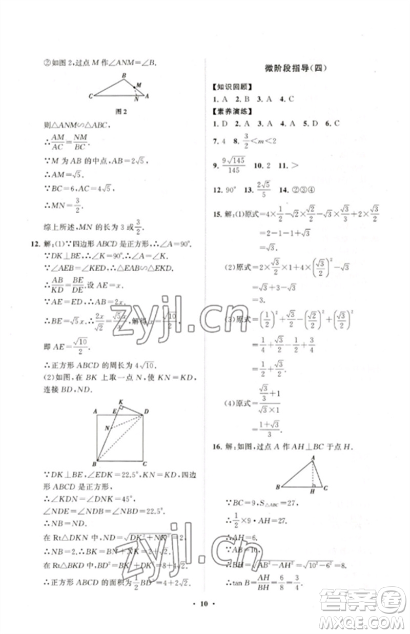 山東教育出版社2023初中同步練習(xí)冊(cè)分層卷九年級(jí)數(shù)學(xué)下冊(cè)人教版參考答案