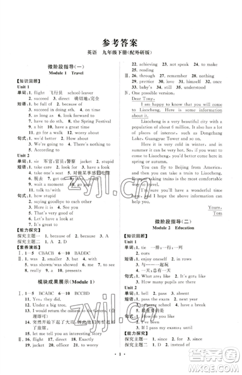 山東教育出版社2023初中同步練習(xí)冊(cè)分層卷九年級(jí)英語(yǔ)下冊(cè)外研版參考答案
