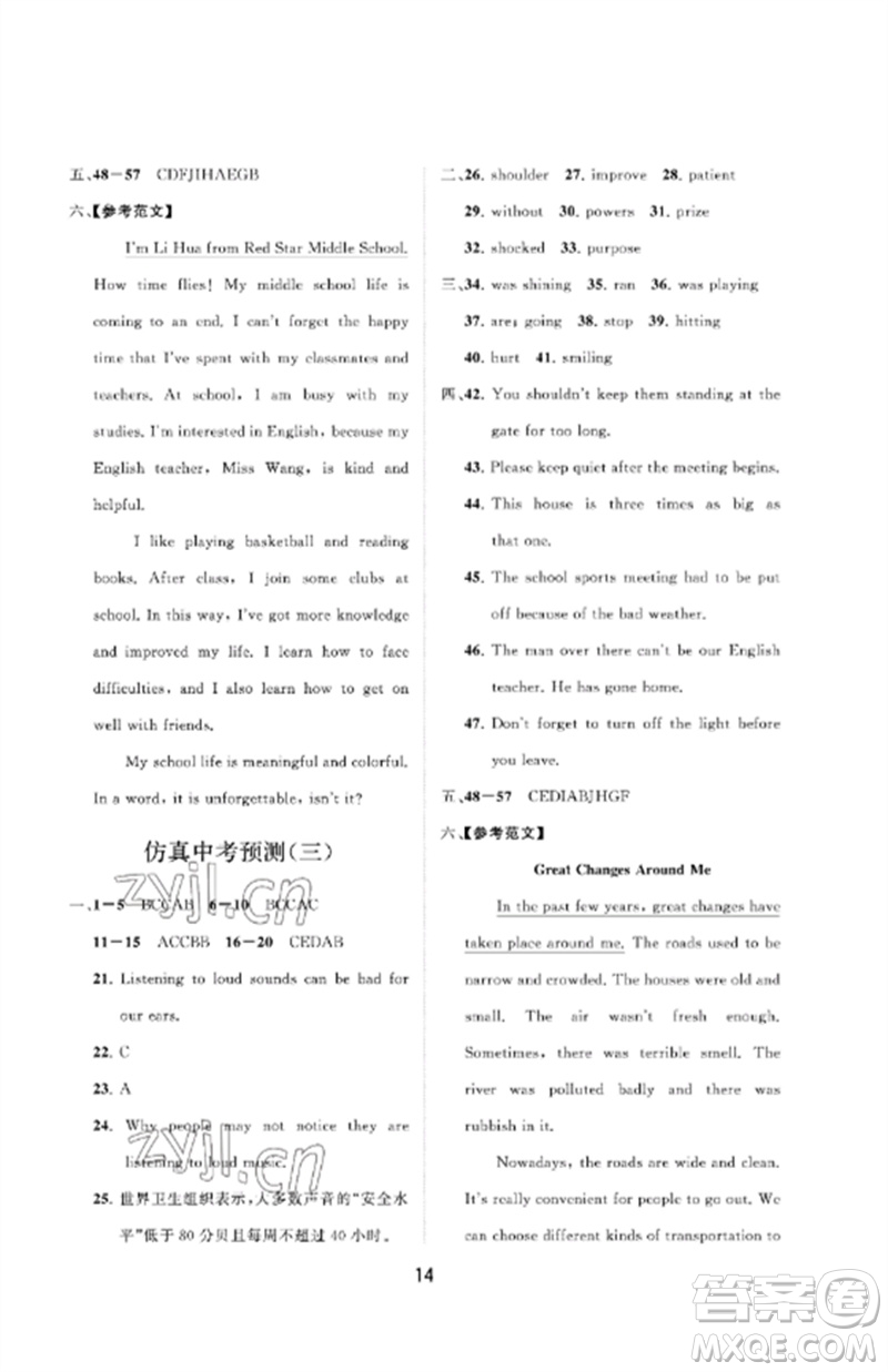 山東教育出版社2023初中同步練習(xí)冊分層卷九年級英語下冊魯教版五四制參考答案