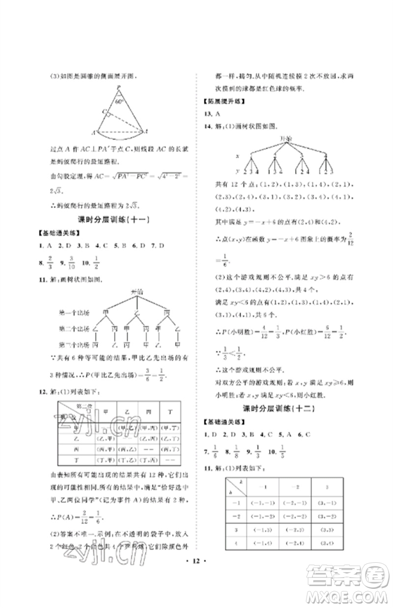 山東教育出版社2023初中同步練習(xí)冊(cè)分層卷九年級(jí)數(shù)學(xué)下冊(cè)魯教版五四制參考答案