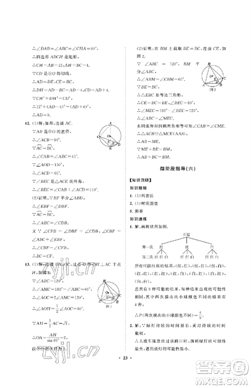 山東教育出版社2023初中同步練習(xí)冊(cè)分層卷九年級(jí)數(shù)學(xué)下冊(cè)魯教版五四制參考答案