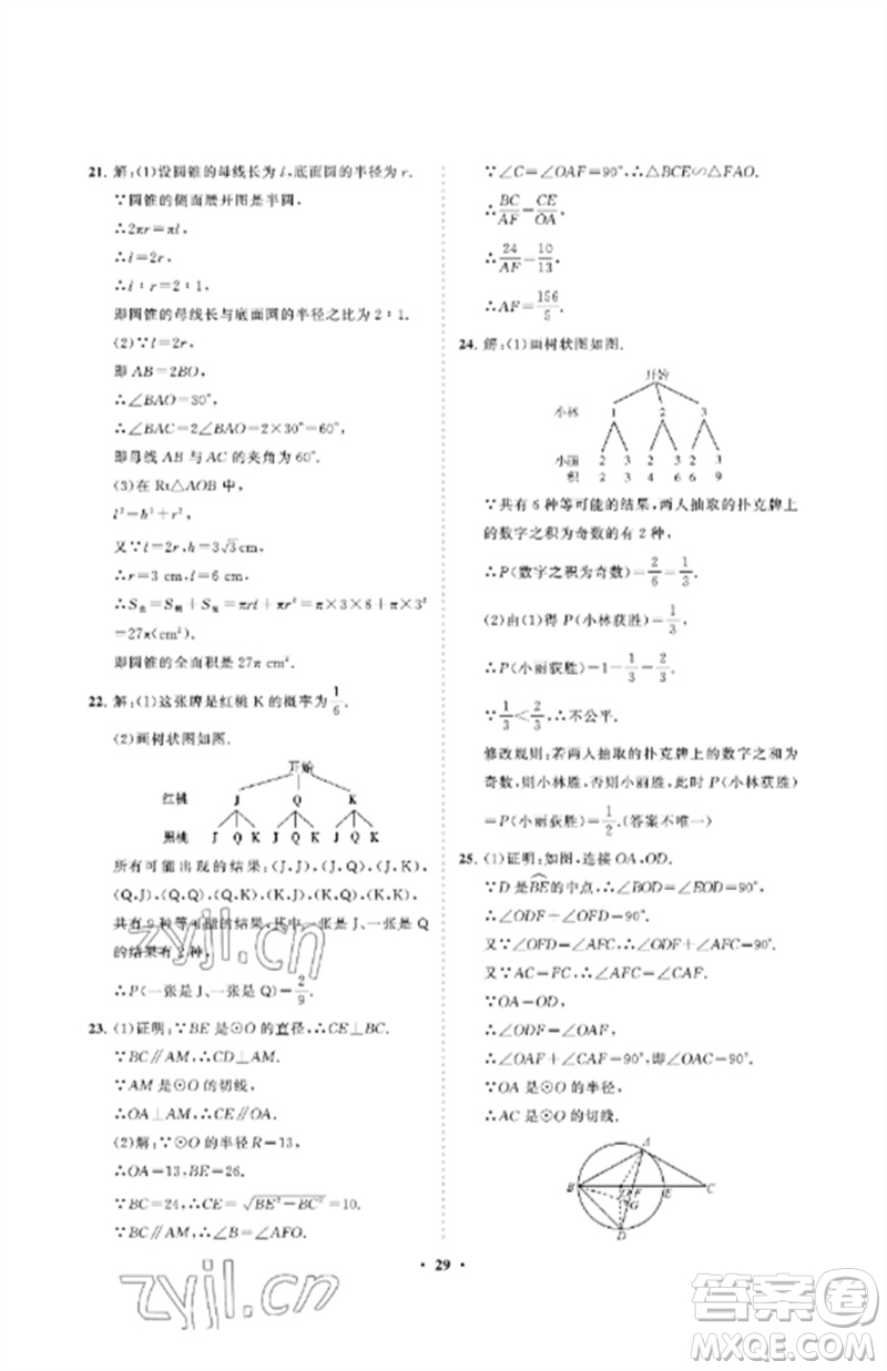 山東教育出版社2023初中同步練習(xí)冊(cè)分層卷九年級(jí)數(shù)學(xué)下冊(cè)魯教版五四制參考答案
