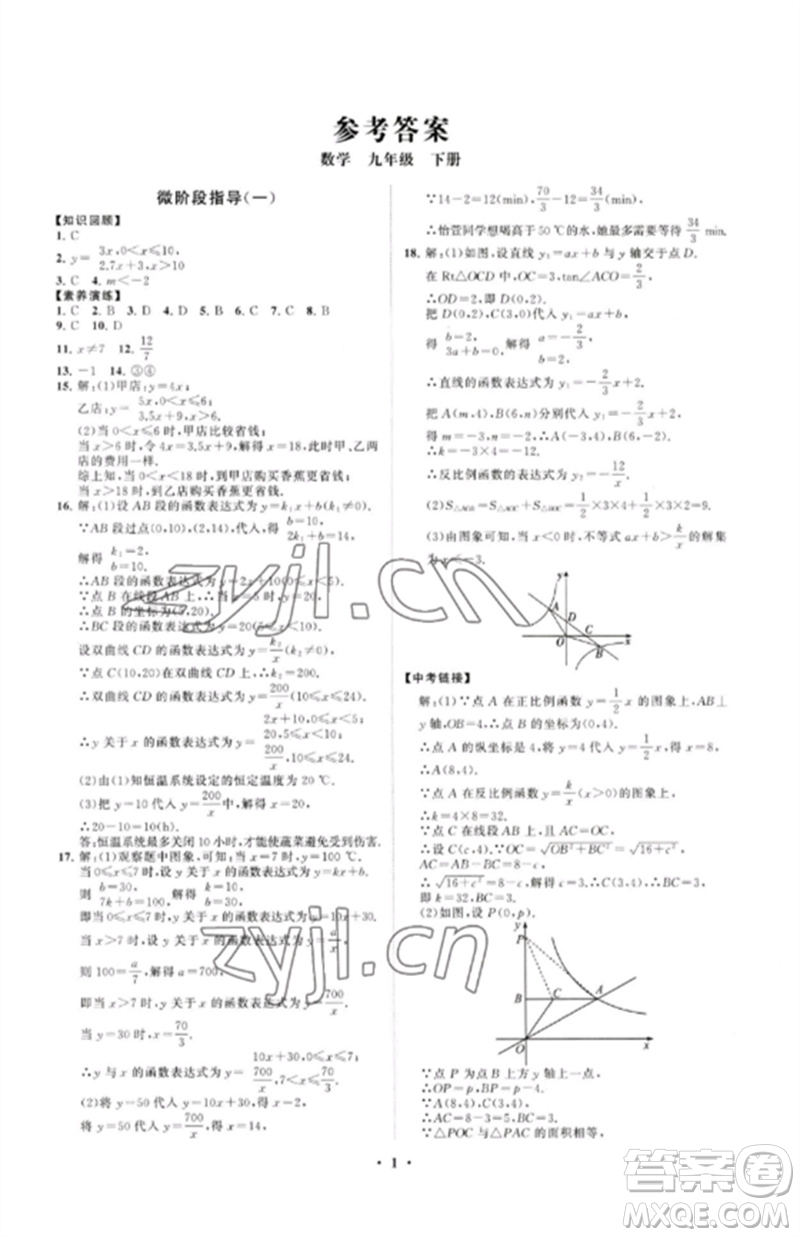 山東教育出版社2023初中同步練習(xí)冊(cè)分層卷九年級(jí)數(shù)學(xué)下冊(cè)青島版參考答案
