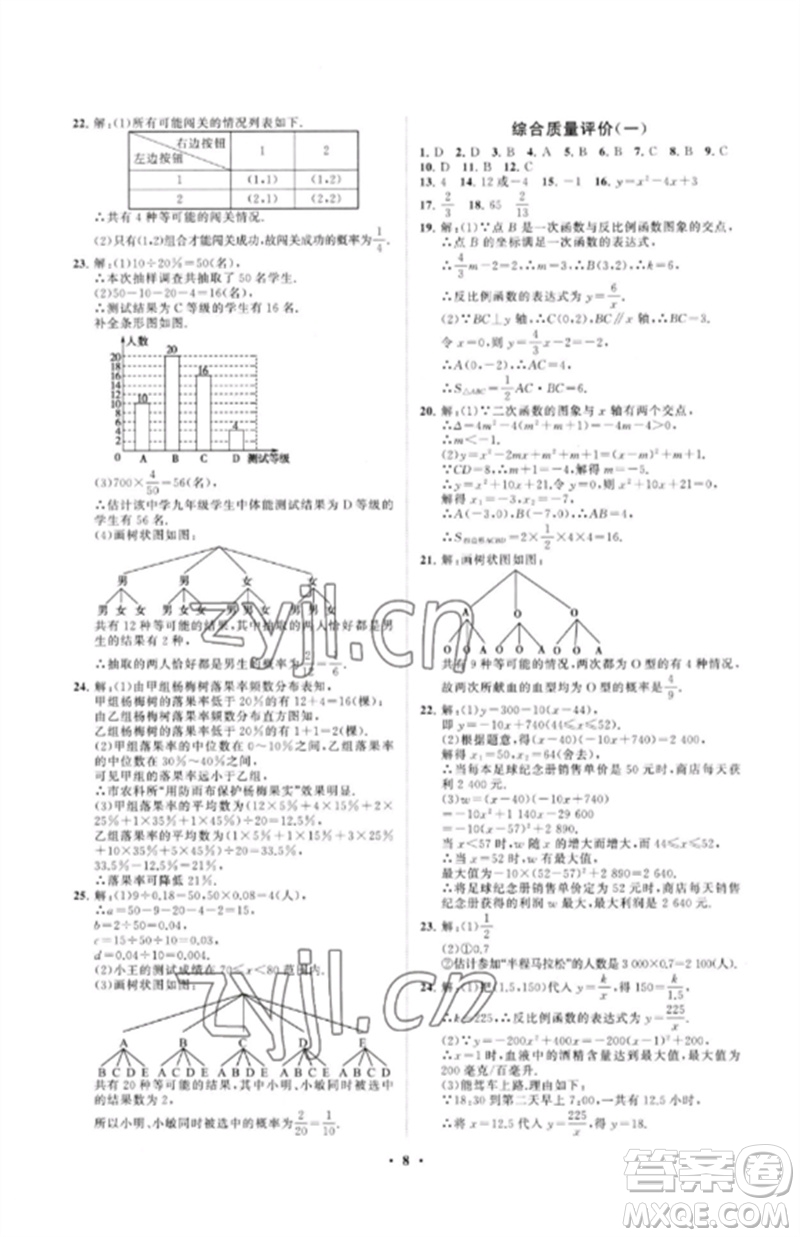 山東教育出版社2023初中同步練習(xí)冊(cè)分層卷九年級(jí)數(shù)學(xué)下冊(cè)青島版參考答案
