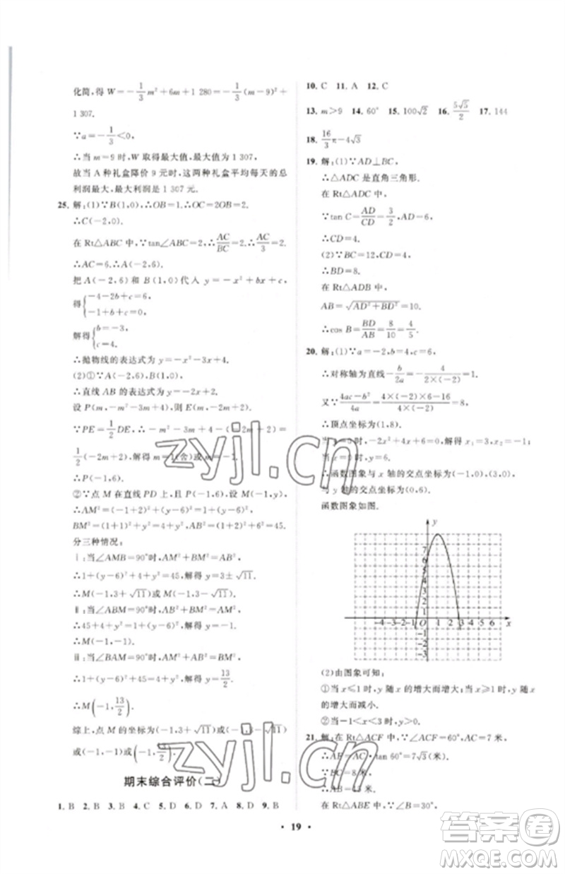 山東教育出版社2023初中同步練習冊分層卷九年級數(shù)學下冊北師大版參考答案
