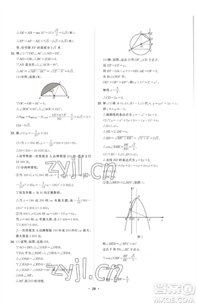 山東教育出版社2023初中同步練習冊分層卷九年級數(shù)學下冊北師大版參考答案