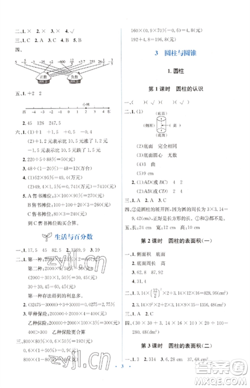 人民教育出版社2023人教金學典同步解析與測評學考練六年級數(shù)學下冊人教版參考答案