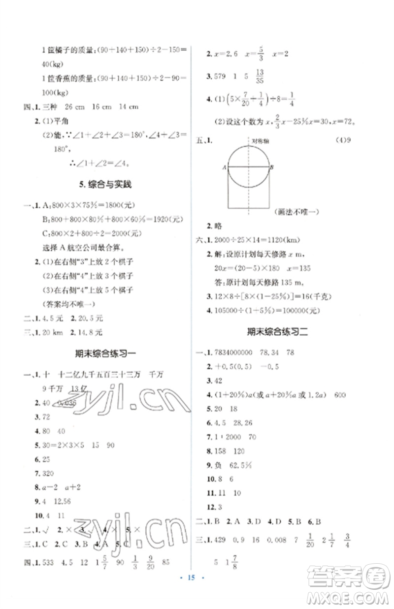人民教育出版社2023人教金學典同步解析與測評學考練六年級數(shù)學下冊人教版參考答案