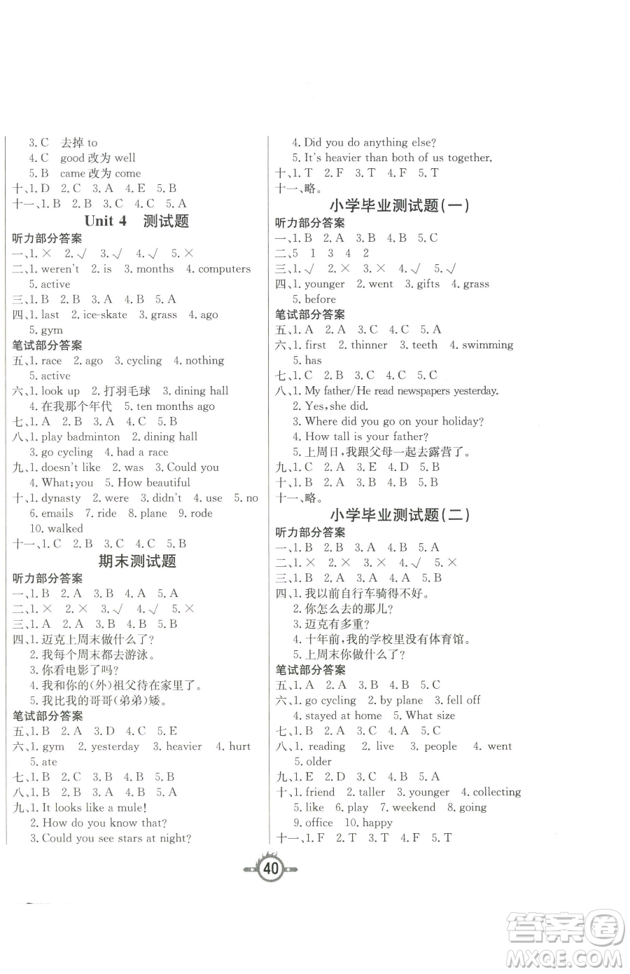 西安出版社2023創(chuàng)新課課練作業(yè)本六年級(jí)下冊(cè)英語(yǔ)人教PEP版參考答案