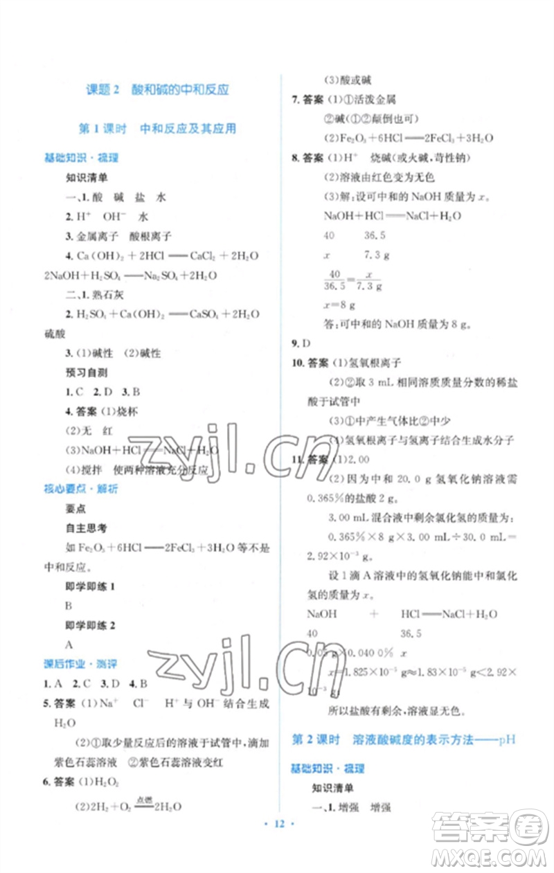 人民教育出版社2023人教金學(xué)典同步解析與測評學(xué)考練九年級化學(xué)下冊人教版參考答案