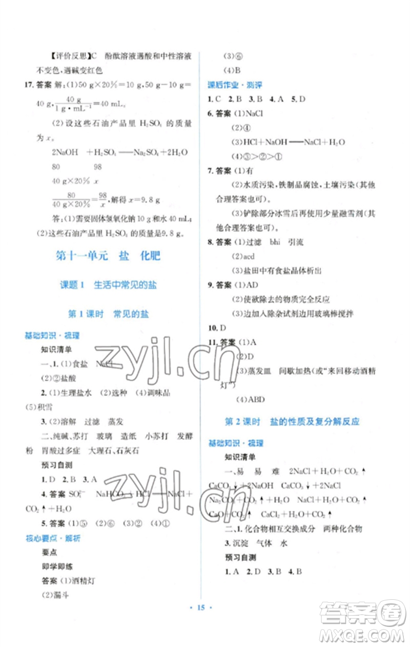 人民教育出版社2023人教金學(xué)典同步解析與測評學(xué)考練九年級化學(xué)下冊人教版參考答案