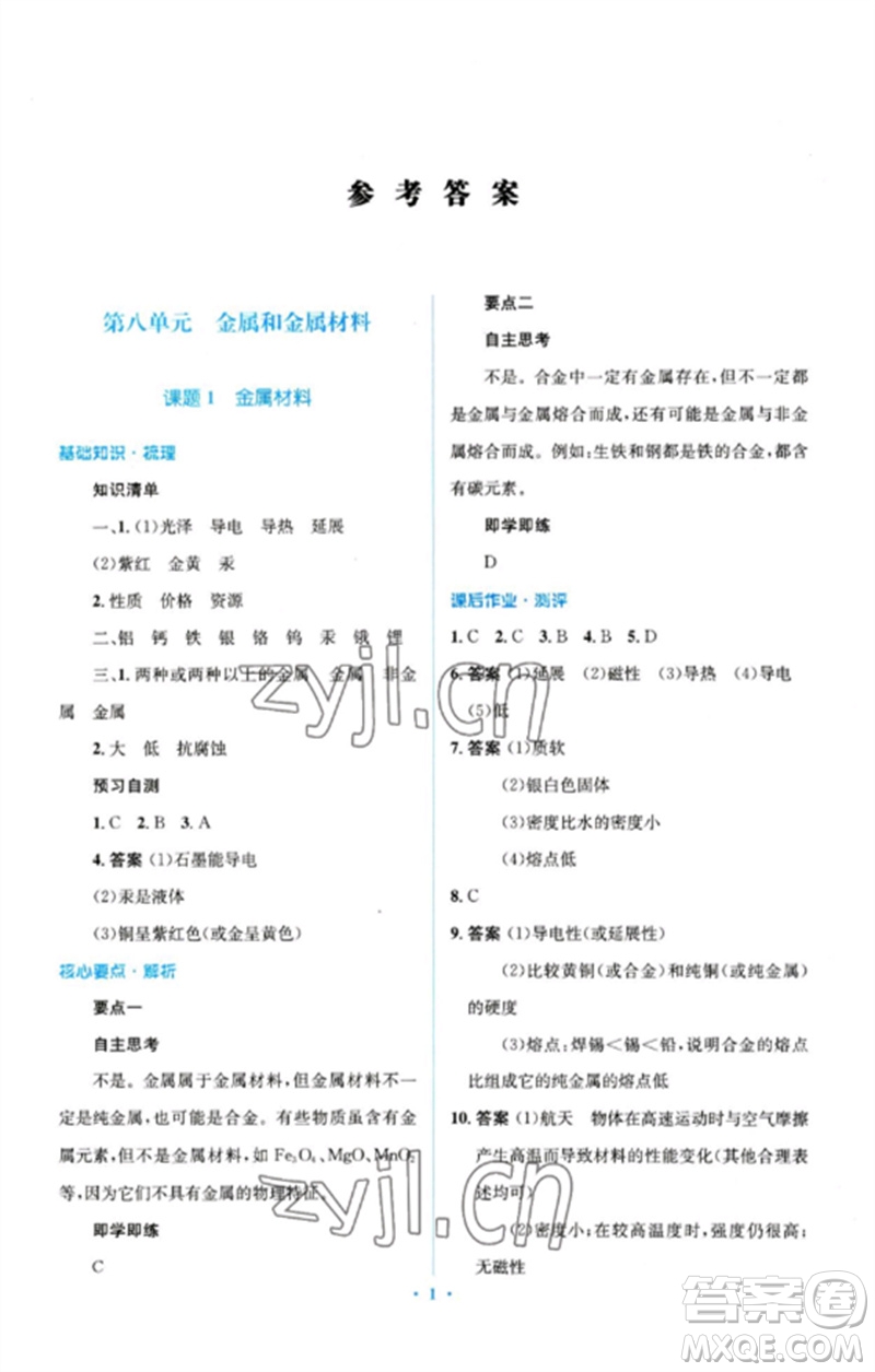 人民教育出版社2023人教金學(xué)典同步解析與測評學(xué)考練九年級化學(xué)下冊人教版廣東專版參考答案