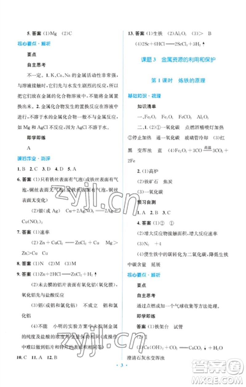 人民教育出版社2023人教金學(xué)典同步解析與測評學(xué)考練九年級化學(xué)下冊人教版廣東專版參考答案