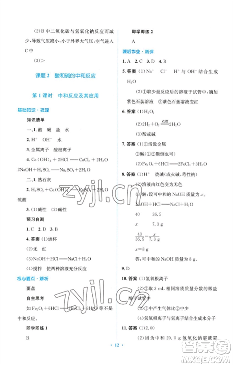 人民教育出版社2023人教金學(xué)典同步解析與測評學(xué)考練九年級化學(xué)下冊人教版廣東專版參考答案