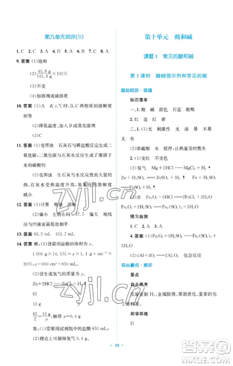 人民教育出版社2023人教金學(xué)典同步解析與測評學(xué)考練九年級化學(xué)下冊人教版廣東專版參考答案