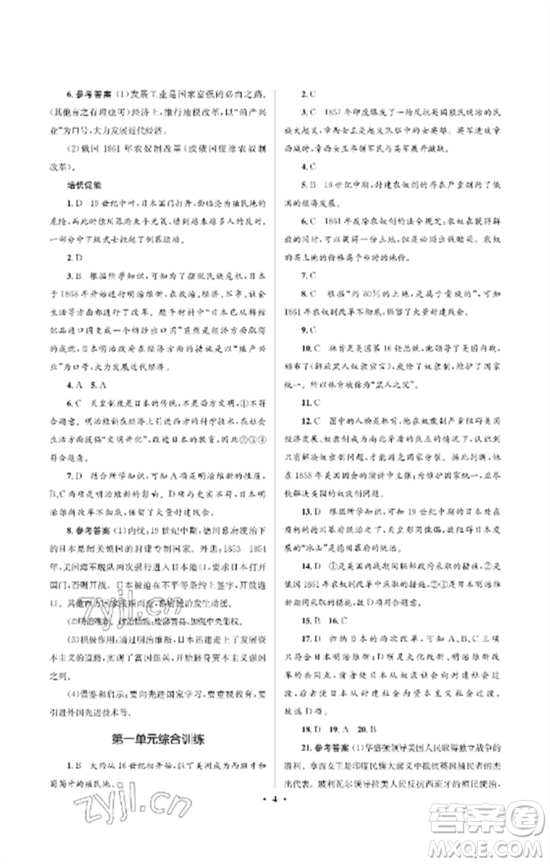 人民教育出版社2023人教金學典同步解析與測評學考練九年級世界歷史下冊人教版江蘇專版參考答案