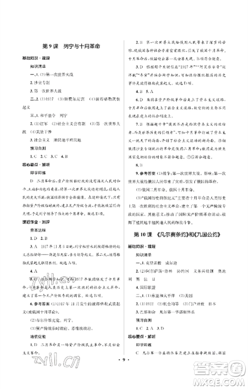 人民教育出版社2023人教金學典同步解析與測評學考練九年級世界歷史下冊人教版江蘇專版參考答案