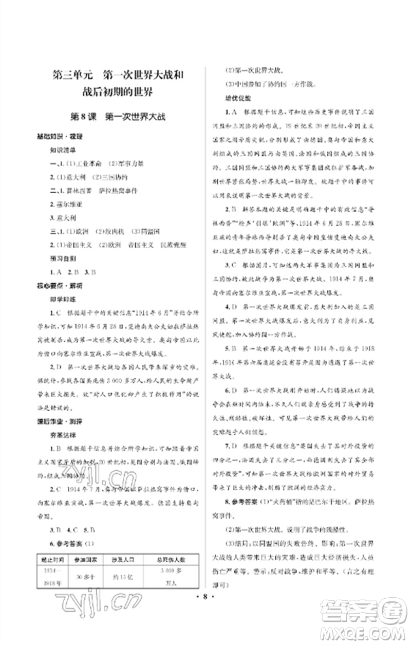 人民教育出版社2023人教金學典同步解析與測評學考練九年級世界歷史下冊人教版江蘇專版參考答案