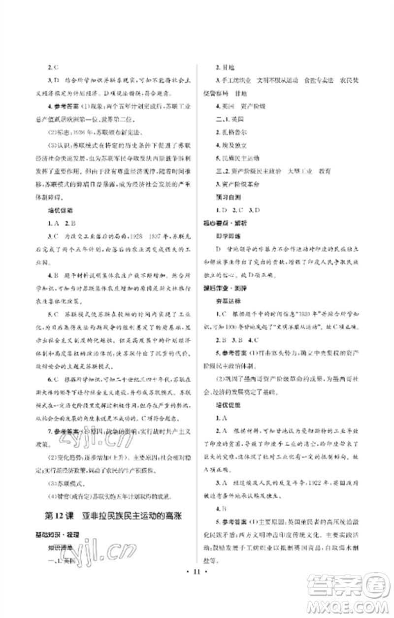 人民教育出版社2023人教金學典同步解析與測評學考練九年級世界歷史下冊人教版江蘇專版參考答案
