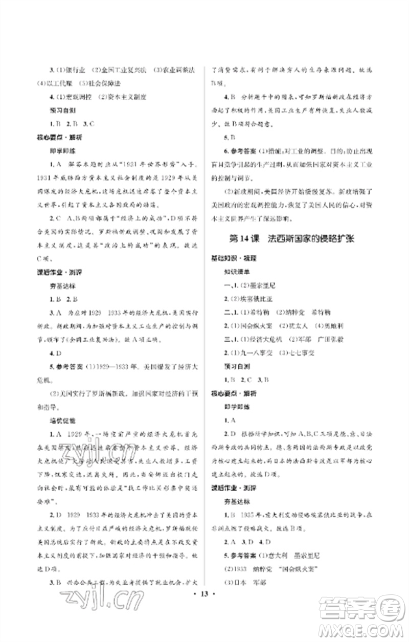 人民教育出版社2023人教金學典同步解析與測評學考練九年級世界歷史下冊人教版江蘇專版參考答案