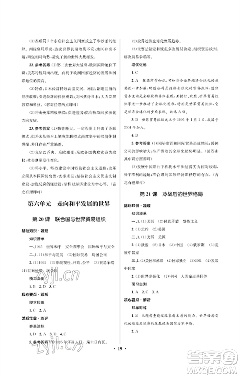 人民教育出版社2023人教金學典同步解析與測評學考練九年級世界歷史下冊人教版江蘇專版參考答案