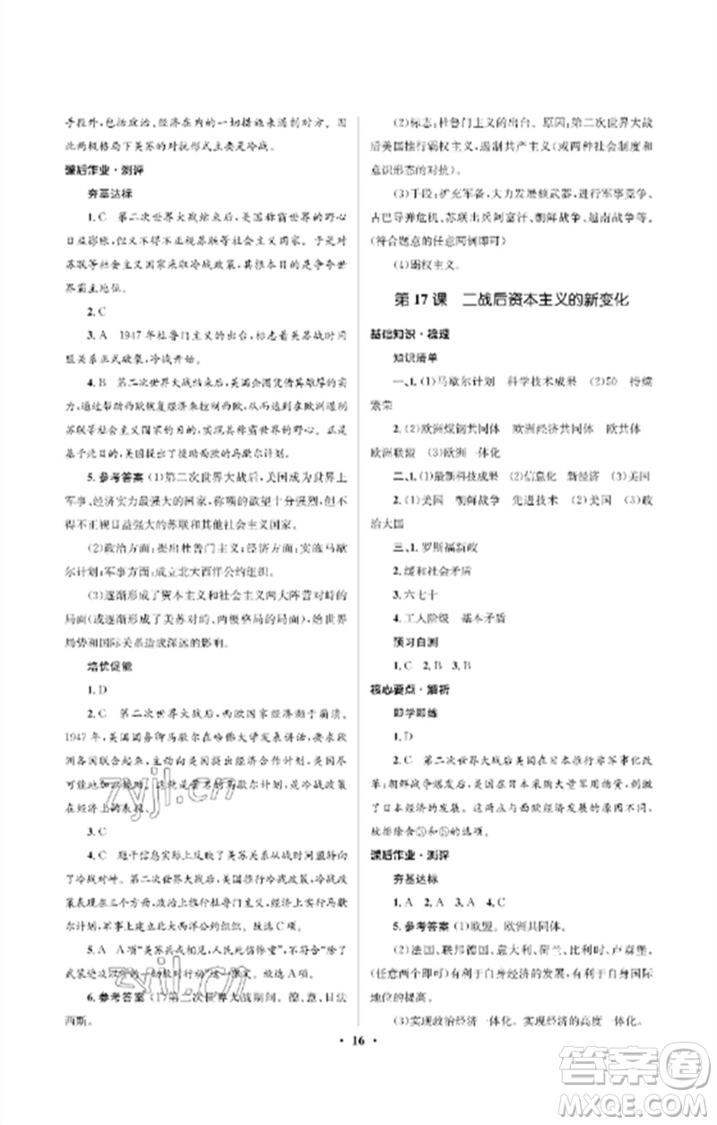 人民教育出版社2023人教金學典同步解析與測評學考練九年級世界歷史下冊人教版江蘇專版參考答案