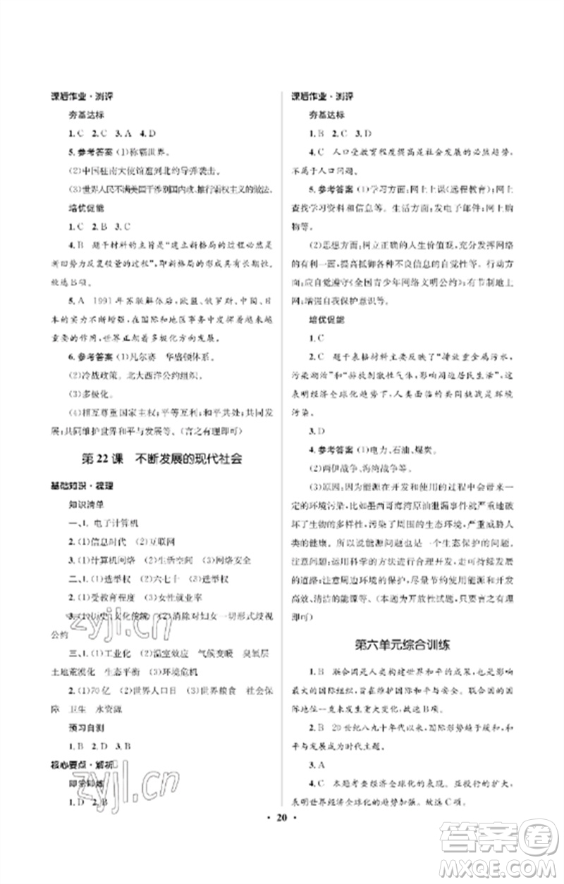 人民教育出版社2023人教金學典同步解析與測評學考練九年級世界歷史下冊人教版江蘇專版參考答案
