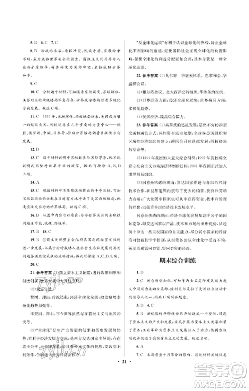 人民教育出版社2023人教金學典同步解析與測評學考練九年級世界歷史下冊人教版江蘇專版參考答案