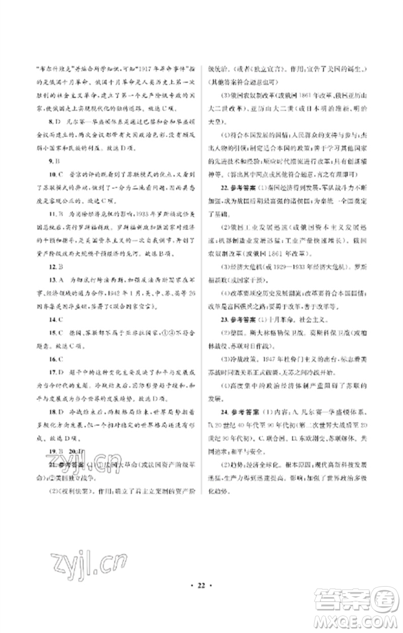 人民教育出版社2023人教金學典同步解析與測評學考練九年級世界歷史下冊人教版江蘇專版參考答案