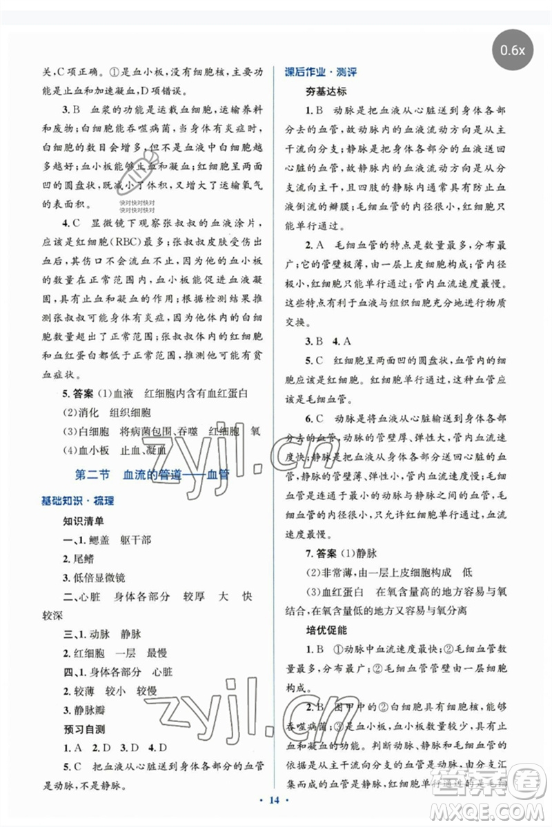 人民教育出版社2023人教金學(xué)典同步解析與測評學(xué)考練七年級生物下冊人教版參考答案