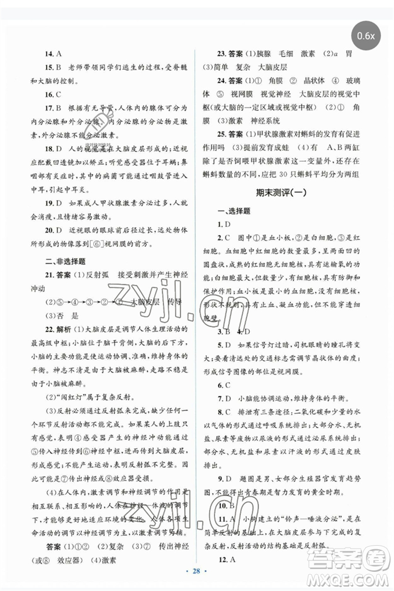 人民教育出版社2023人教金學(xué)典同步解析與測評學(xué)考練七年級生物下冊人教版參考答案
