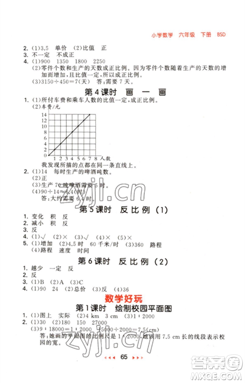 首都師范大學(xué)出版社2023年春53隨堂測(cè)六年級(jí)數(shù)學(xué)下冊(cè)北師大版參考答案