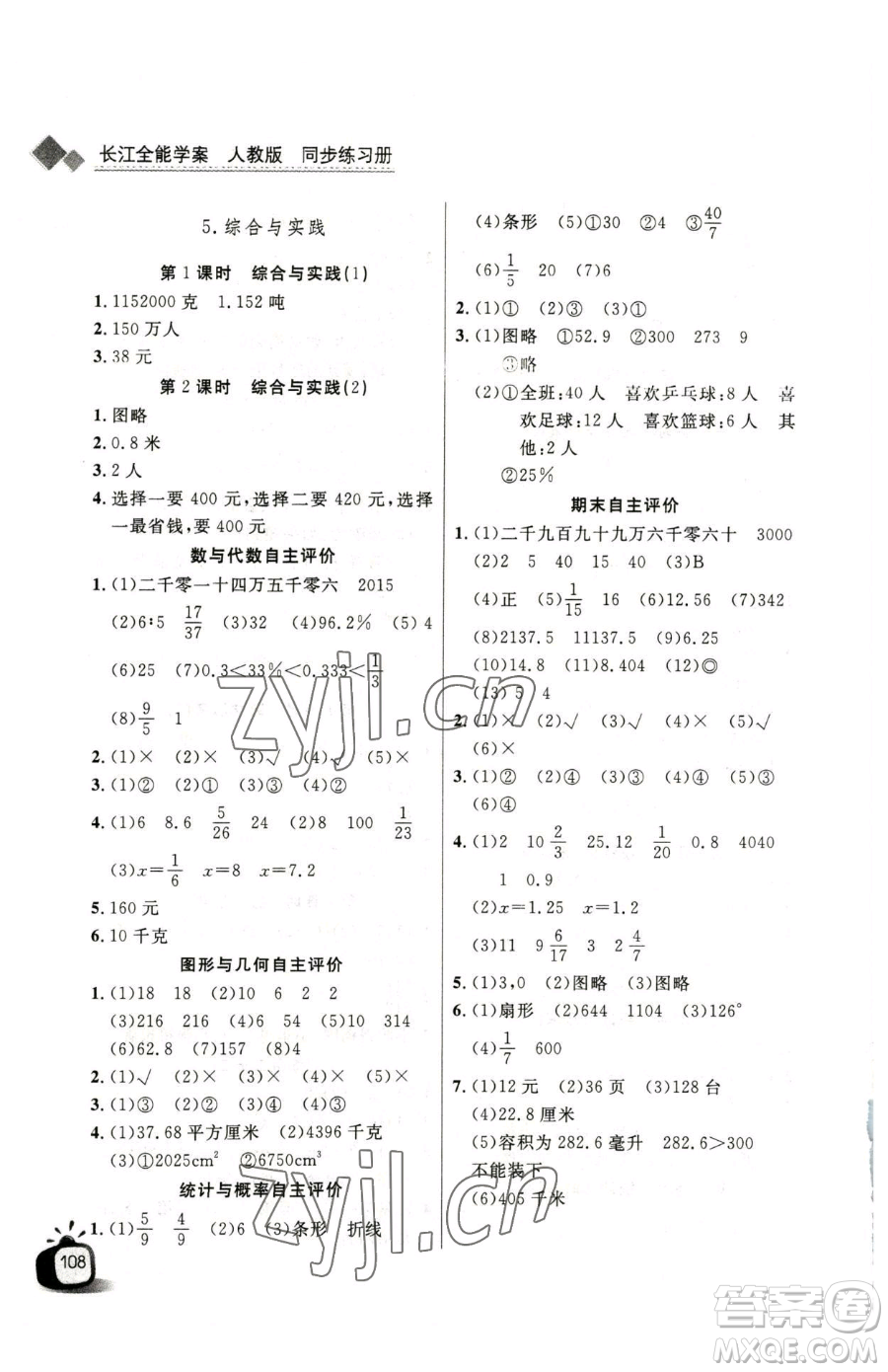 長江少年兒童出版社2023長江全能學(xué)案同步練習(xí)冊六年級下冊數(shù)學(xué)人教版參考答案