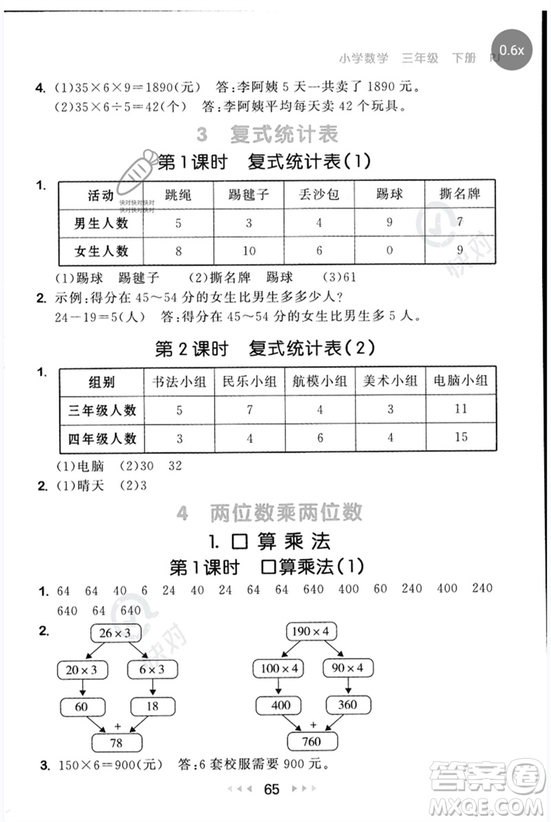 首都師范大學(xué)出版社2023年春53隨堂測三年級數(shù)學(xué)下冊人教版參考答案