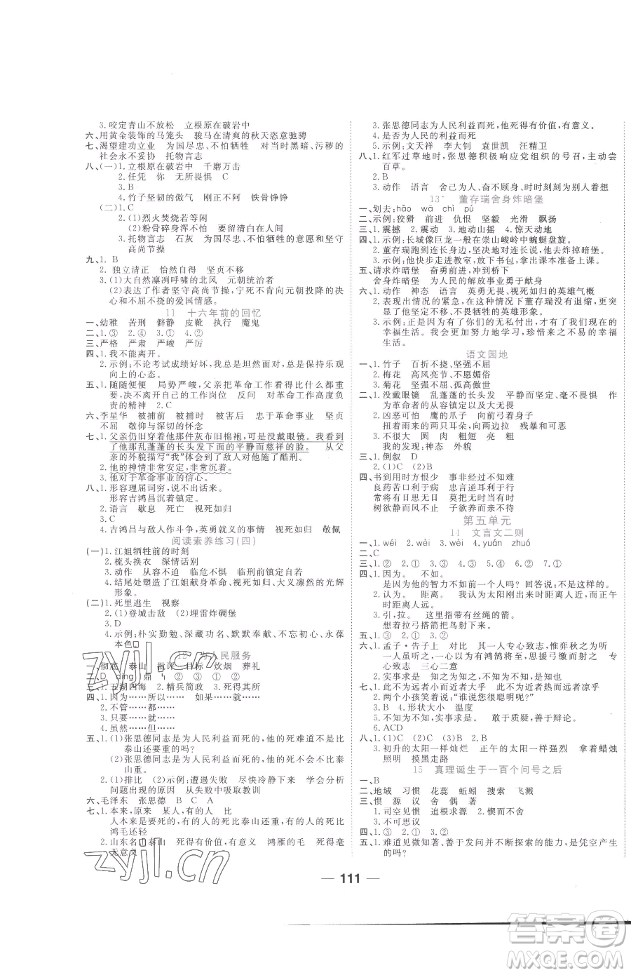 天津科學技術(shù)出版社2023奪冠新課堂隨堂練測六年級下冊語文人教版參考答案