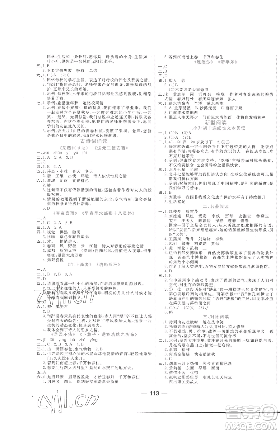 天津科學技術(shù)出版社2023奪冠新課堂隨堂練測六年級下冊語文人教版參考答案